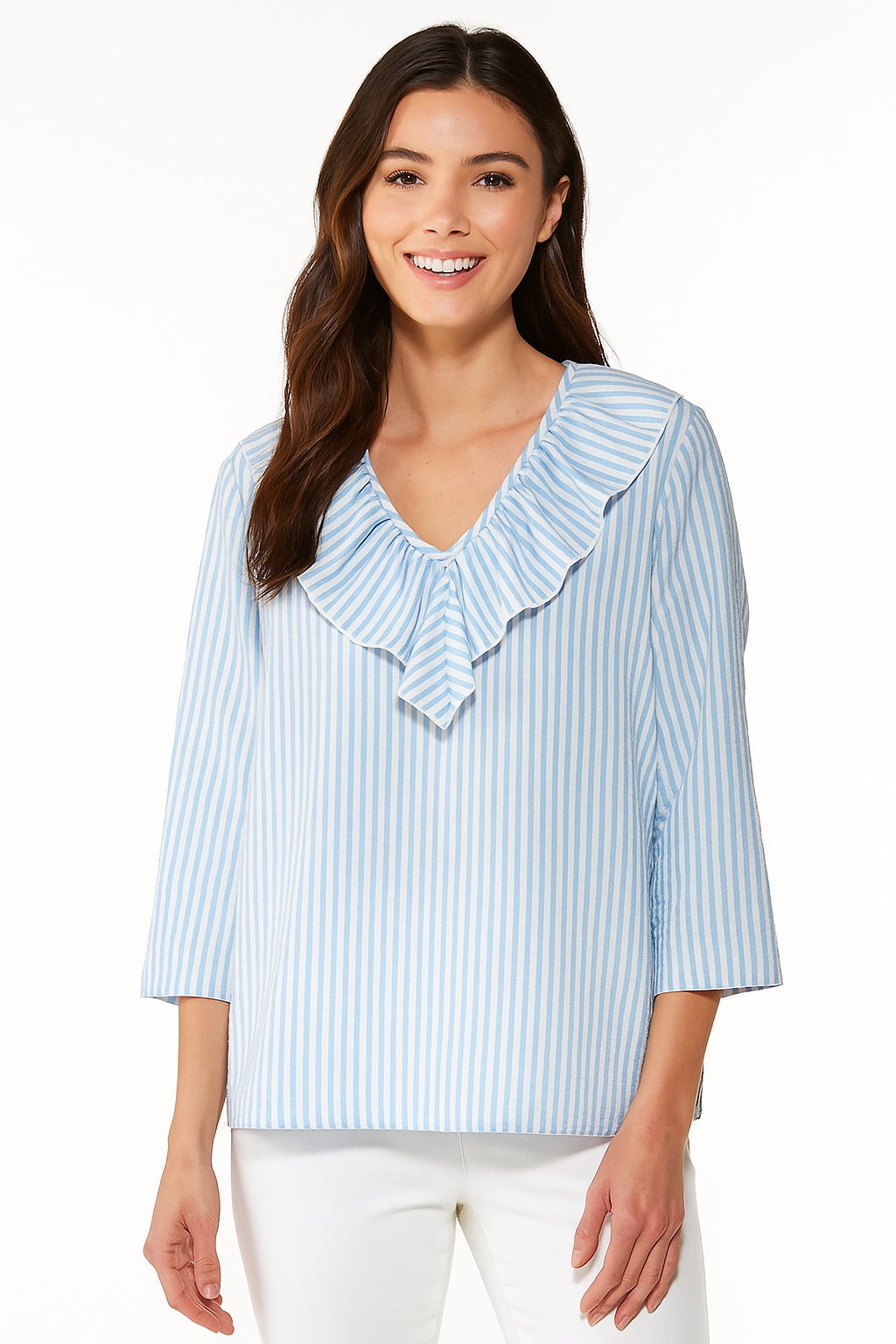 Woman wearing a blue and white striped blouse with ruffled details on a white background