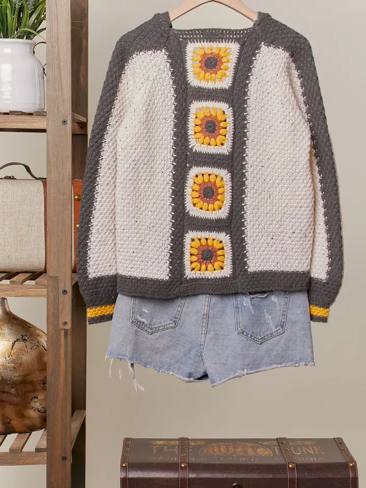 Color Block Sunflower Crochet Cardigan