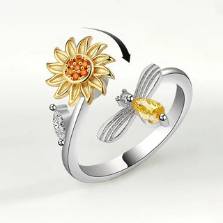 silver ring with gold sunflower and bee with yellow crystal