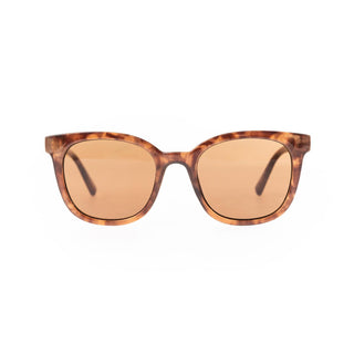 A pair of polarized sunglasses with a tortoise patterned frame and round lenses.