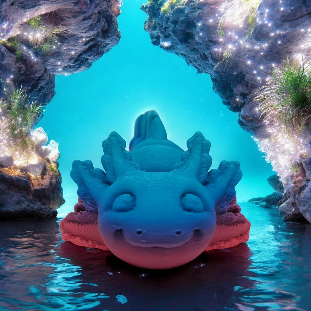 Blue and pink dragon-like creature in a fantasy underwater setting with rocks and water.