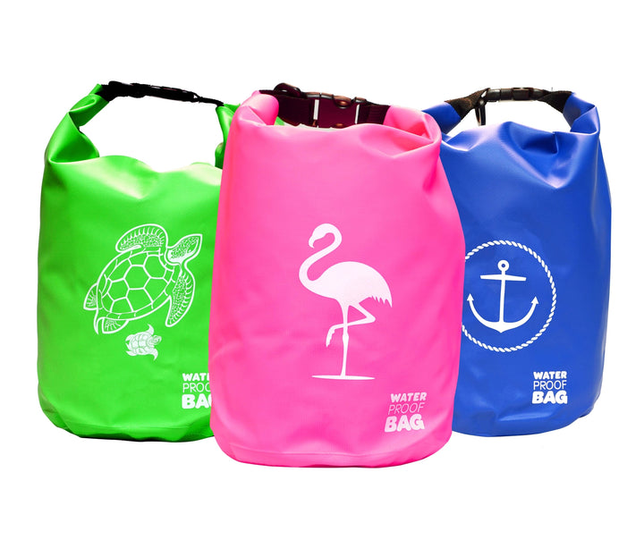 Three waterproof bags in green, pink, and blue with animal-themed designs on a white background.