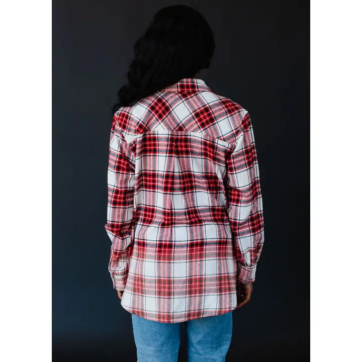 White, Black, and Red Plaid Bleach Dipped Flannel