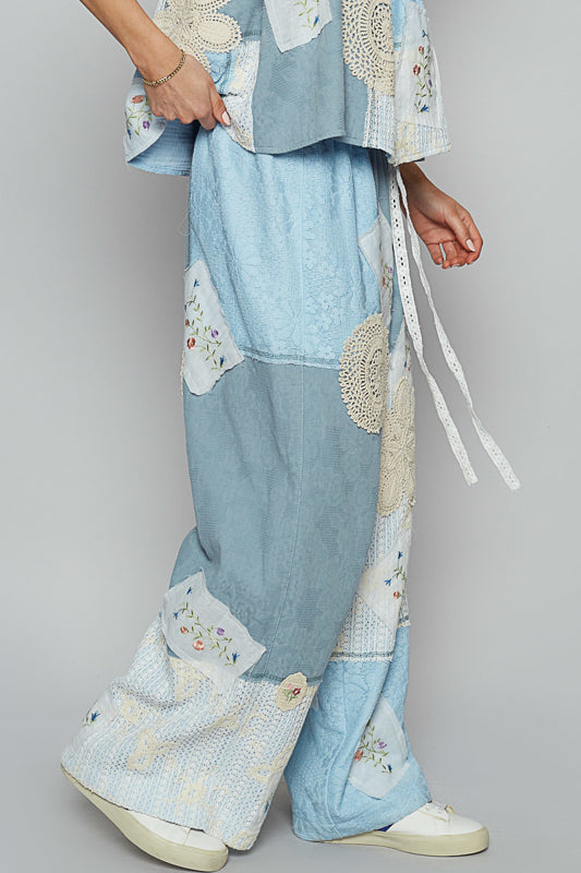 Light blue tones patchwork wide leg pants with lace details