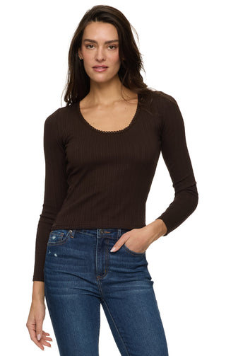 Willow Scoop Neck Pointelle Top in Brown