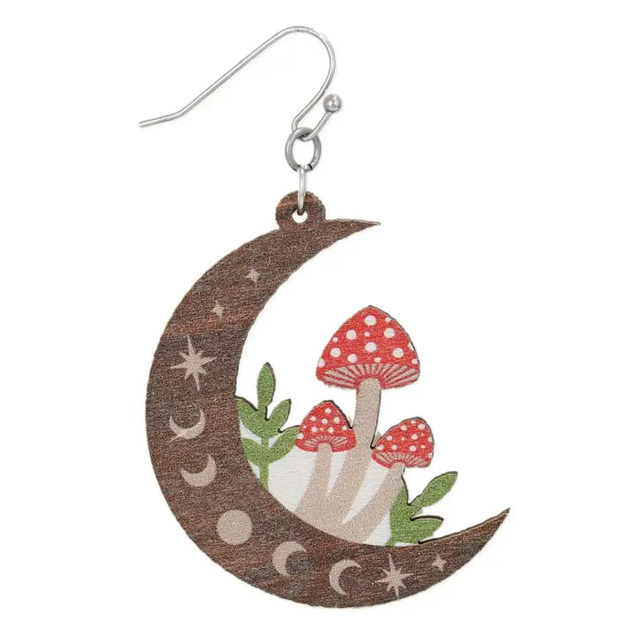 Wood Mushroom & Moon Earrings