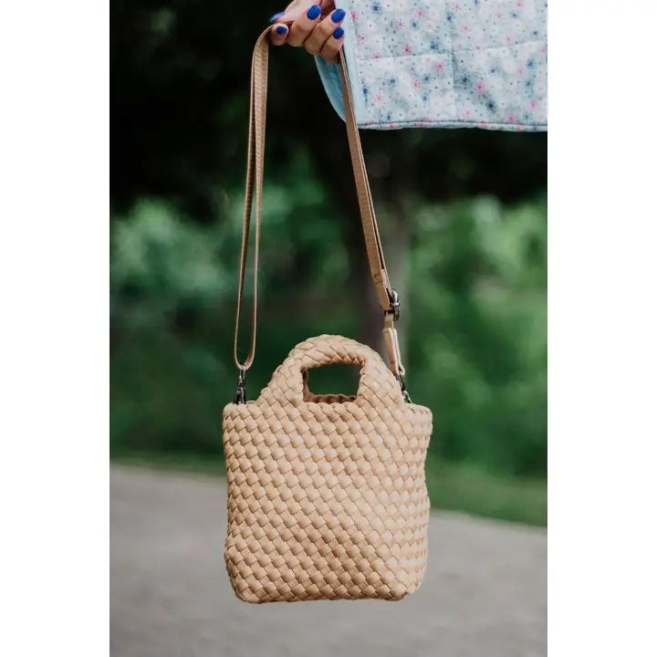 Woven Crossbody Bucket Bag in Camel