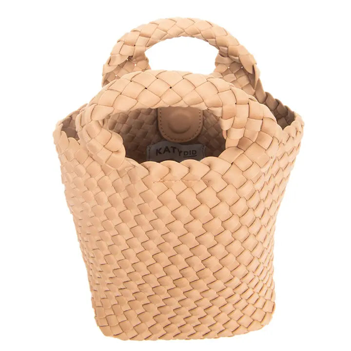 Woven Crossbody Bucket Bag in Camel